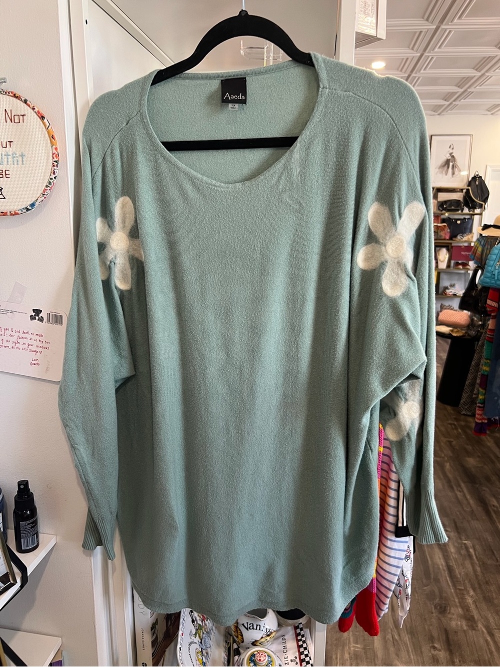 Aveda Mint Green Floral Sleeve Crewneck Sweater cashmere